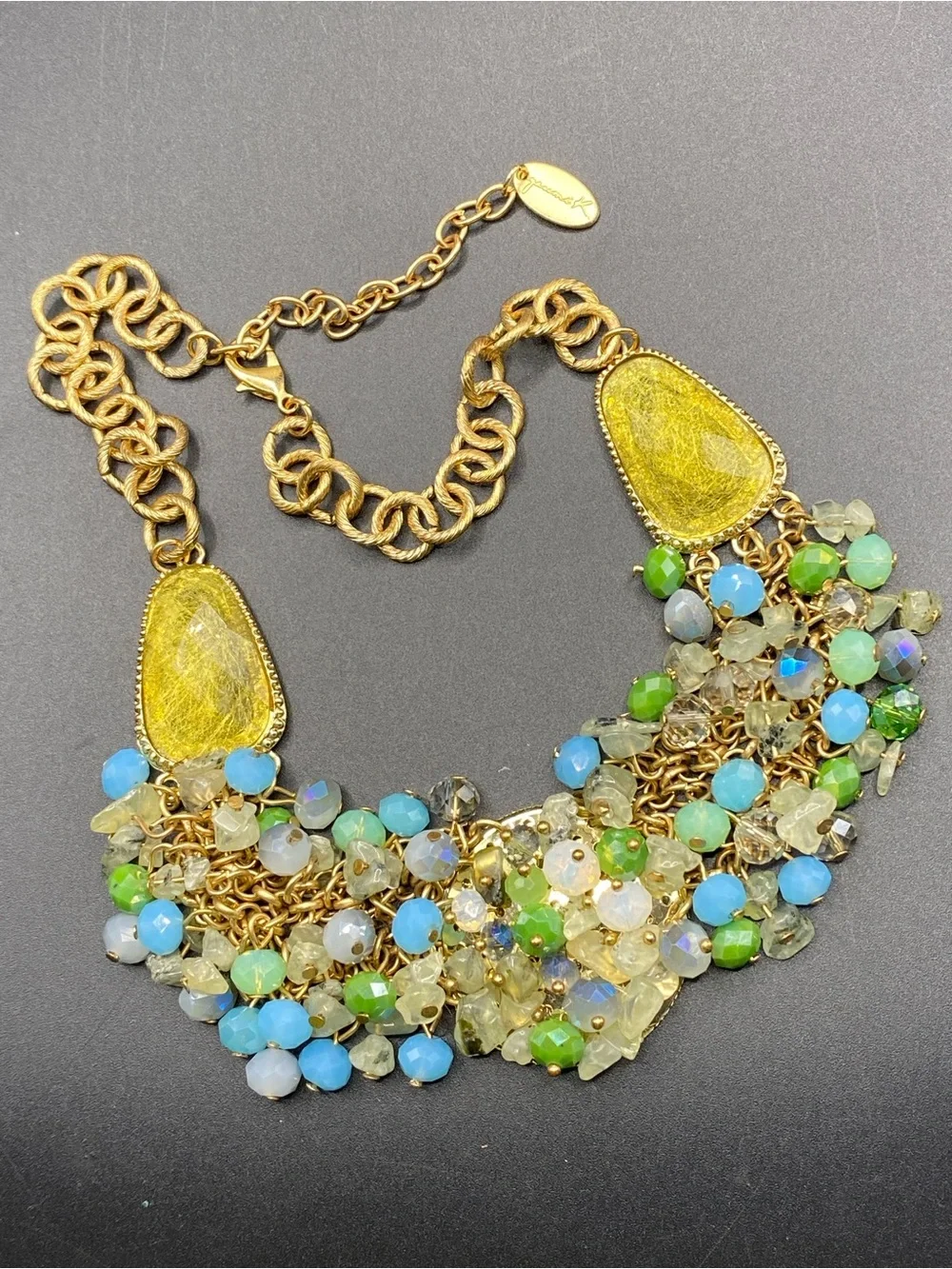 JANICE KEELER Glass Beads Statement Necklace Gold Tone Blue Green